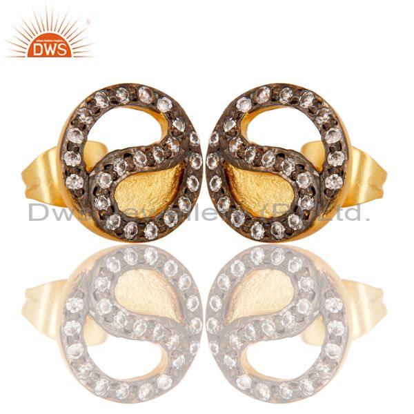 Exporter 18k Yellow Gold Plated Handmade Round Design White Zirconia Brass Studs Earrings