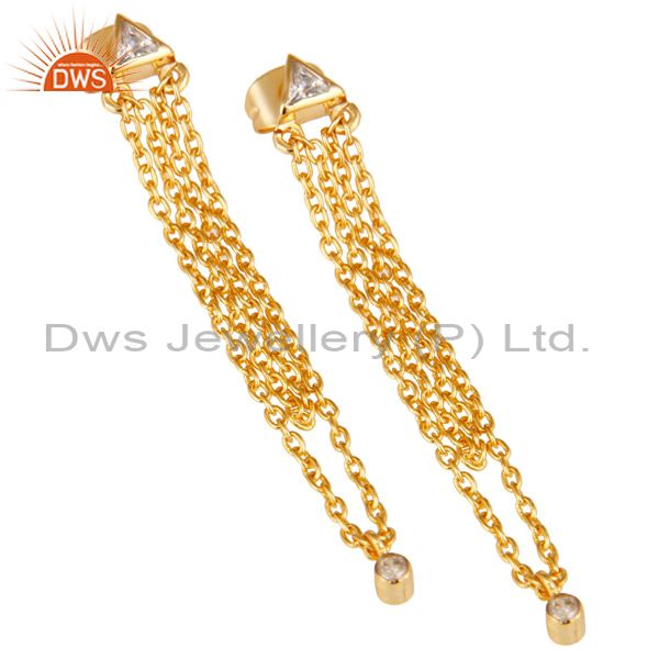 Exporter White Zirconia Fashion Link Chain Brass Drops Earrings With 18k Gold Plated