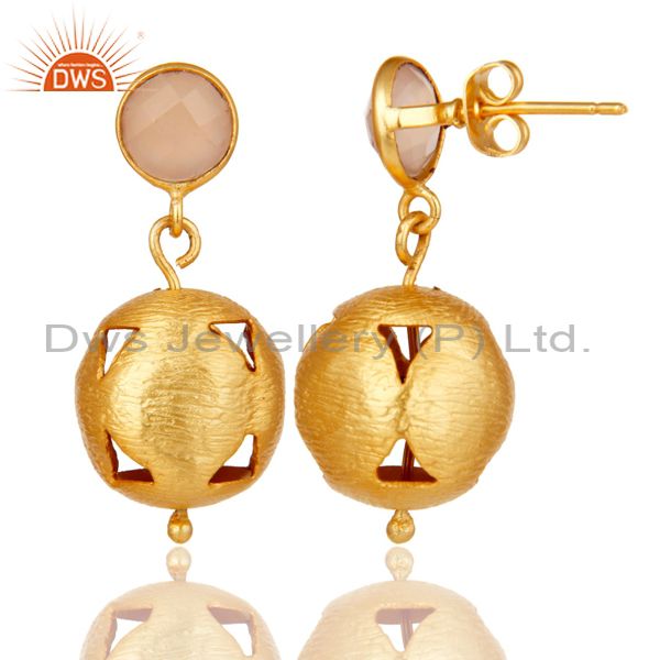 Exporter 18K Yellow Gold Plated Handmade Dyed Chalcedony Gemstone Dangle Brass Earrings