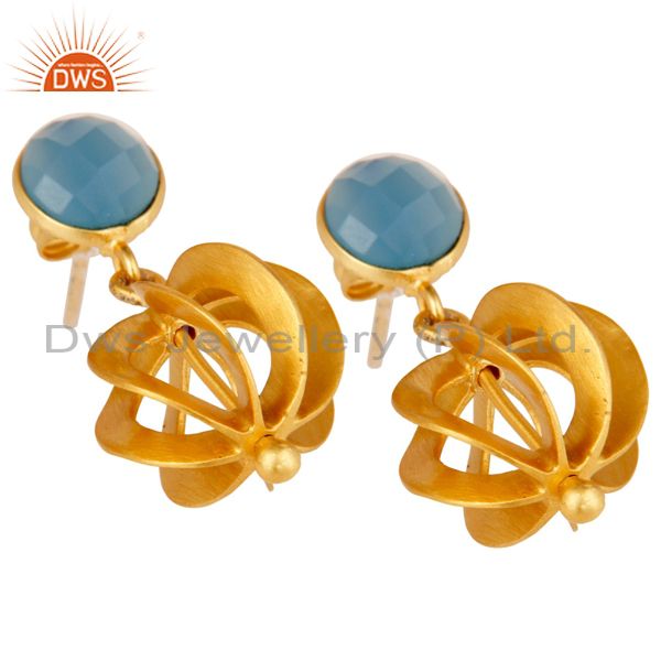 Exporter Blue Chalcedony Gemstone Gold Plated Brass Fashion Earrings Jewelry