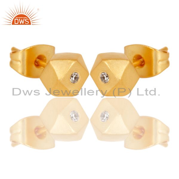 Exporter 22k Gold Plated Little Flash Stylish White Zirconia Brass Stud Earrings