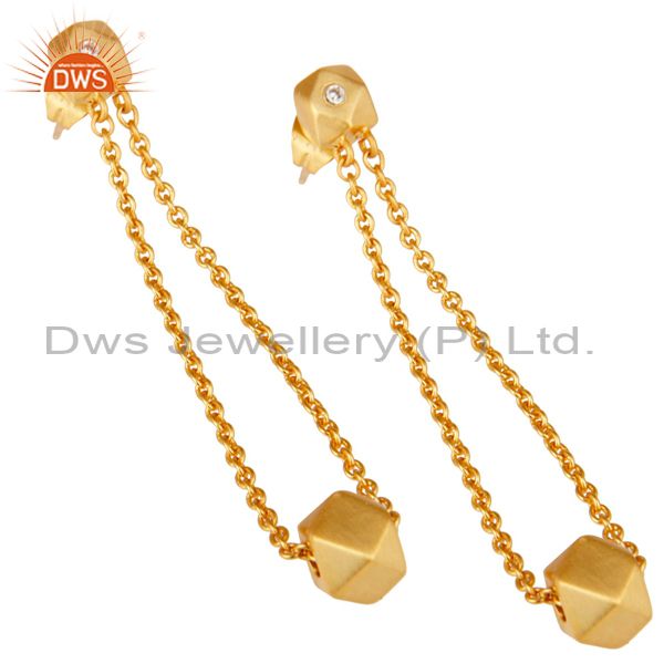 Exporter 18k Yellow Gold Plated Handmade Chain Link White Zirconia Brass Dangle Earrings