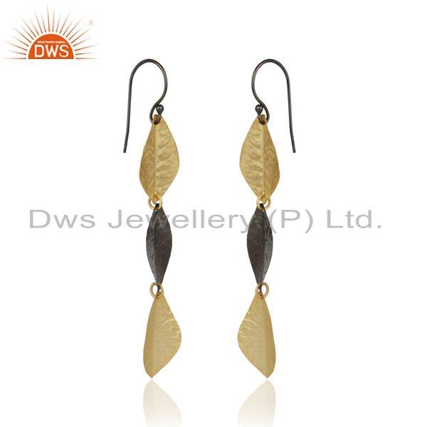 Designer leaf fashion long dangle in yellow gold black rhodium