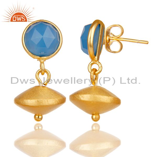 Exporter 14K Yellow Gold Plated Handmade Dyed Blue Chalcedony Gemstone Drops Earrings
