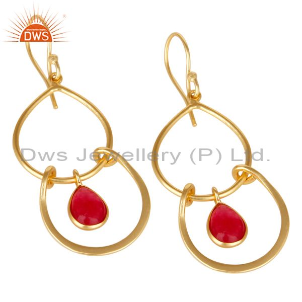 Exporter 14K Yellow Gold Plated Handmade Natural Red Aventurine Bezel Set Drops Earrings