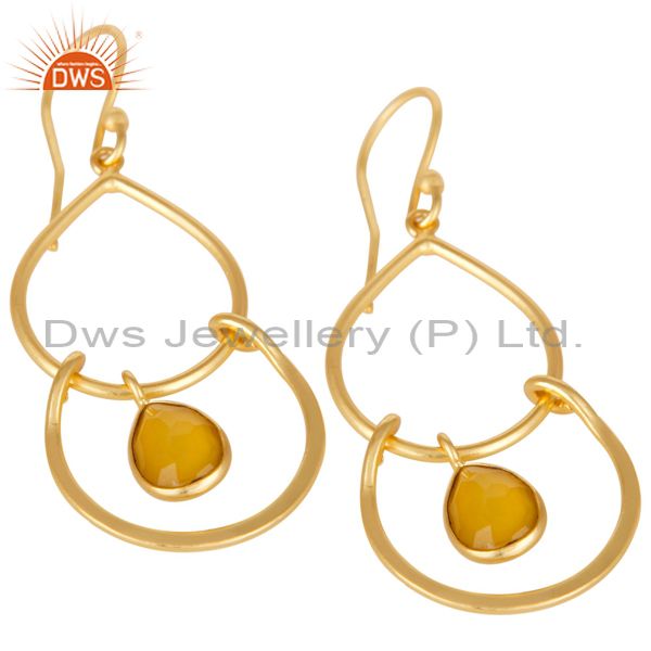 Exporter 14K Yellow Gold Plated Handmade Dyed Yellow Chalcedony Bezel Set Drops Earrings