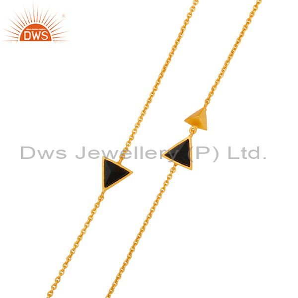 Exporter 22K Yellow Gold Plated Handmade Black Onyx Gemstone Brass Chain Necklace