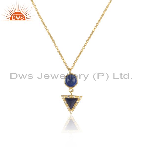 Exporter 22K Gold Plated White Zirconia & Lapis Lazuli Gemstone Chain Pendant Necklace