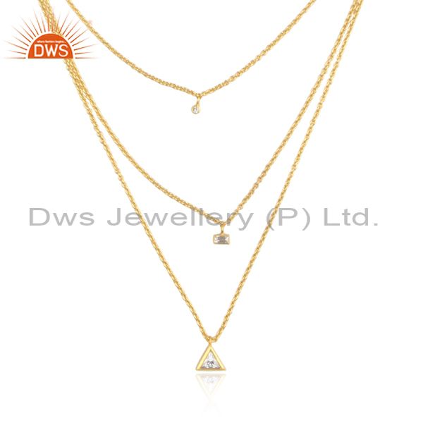 Exporter Handmade 18K Gold Plated Three Line Cubic Zirconia Chain Pendant Necklace