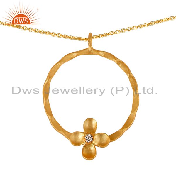 Exporter 14K Gold Plated Handmade White Zircon Little Flower Design Brass Chain Pendant