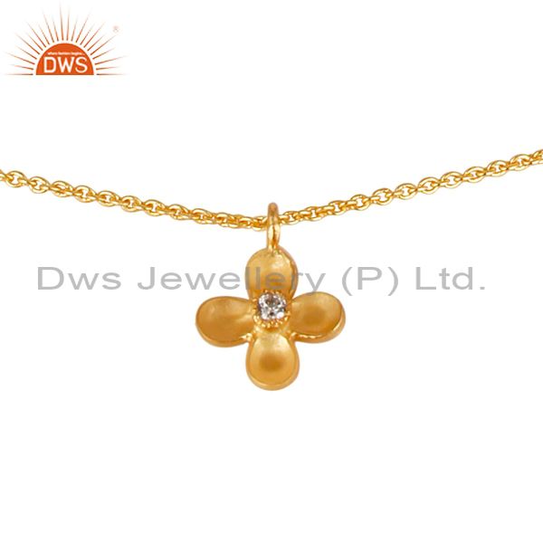 Exporter 14K Yellow Gold Plated Handmade White Zircon Little Flower Brass Chain Pendant