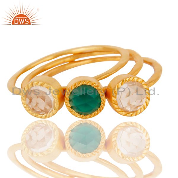 Exporter 18K Gold Plated Green Onyx & Crystal Quartz 3 Set Of Brass Stackable Ring