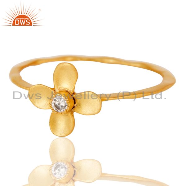 Exporter Handmade Flower Design White Zirconia Brass Stackable Ring With 18k Gold Plated