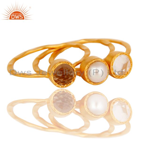 Exporter Crystal, Pearl & Smokey Topaz Three Set Brass Ring with 18k Gold Plated