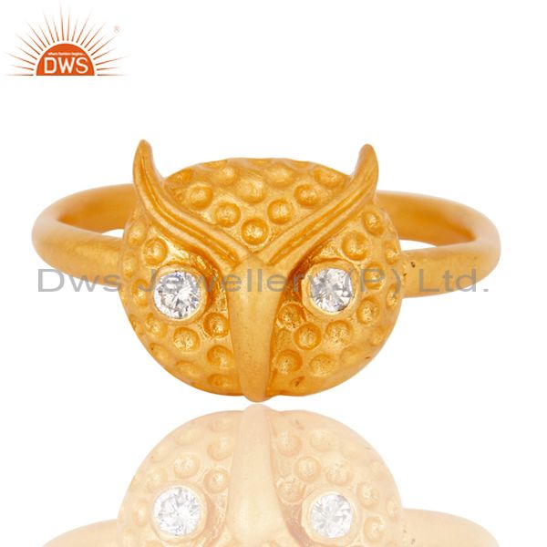 Exporter Mind Blowing Handmade Owl Design White Zirconia Brass Ring With 18k Gold Plated
