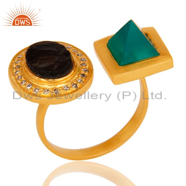 Exporter Green Onyx, White Zircon & Smokey Rough with 18k Gold Plated Brass Ring