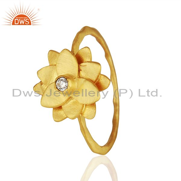 Exporter Traditional Handmade Flower Brass Flower Design Ring with 18k Gold Plated & CZ