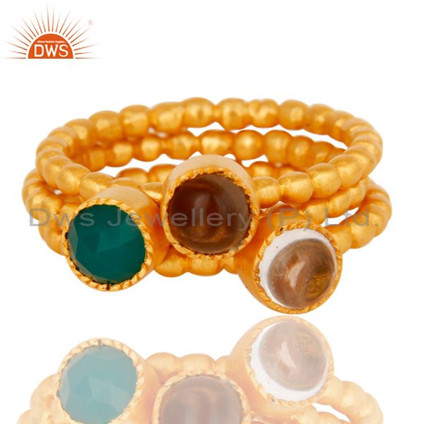Exporter Crystal, Smokey & Green Onyx Three Set Brass Ring with 18k gold Plated