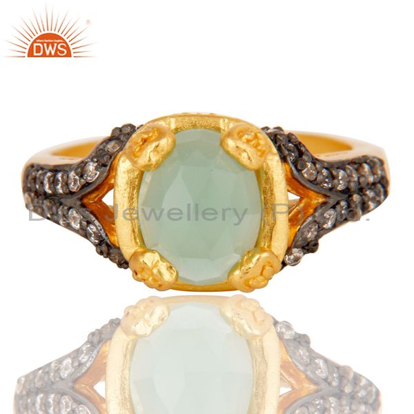 Exporter 18k Gold Plated Handmade Stackable Brass Ring with Aqua & Cubic Zarconia