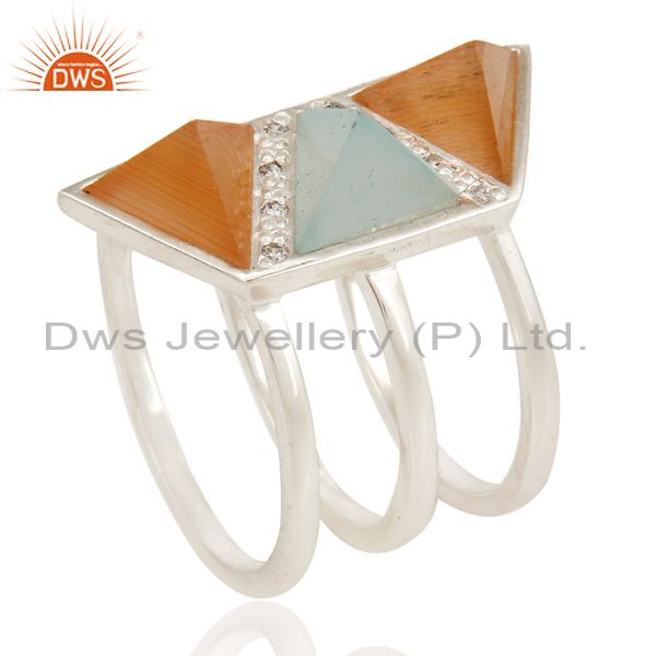 Exporter Solid Silver Plated 3 Set Of Brass Ring With Chalcedony, Peach Moonstone & CZ