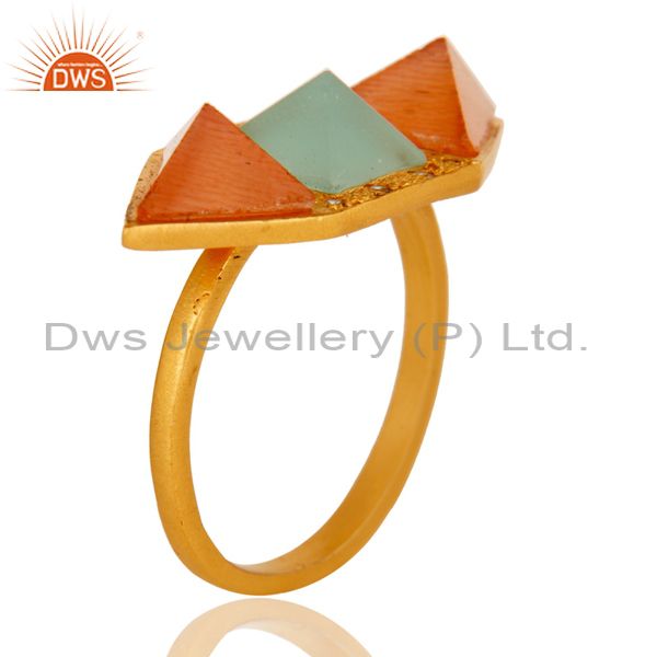Exporter 18k Gold Plated Fancy Brass Ring with Moonstone, Aqua & Cubic Zarconia