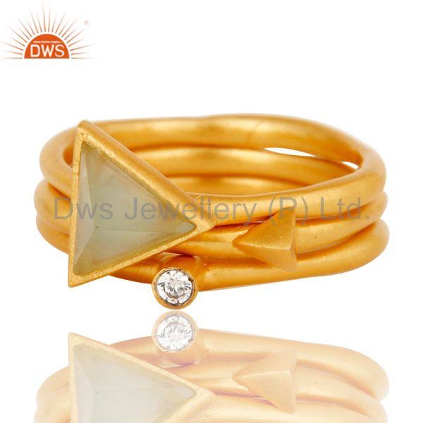 Exporter 18K Yellow Gold Plated 3 Set Of Brass Ring Dyed Chalcedony & White Zirconia