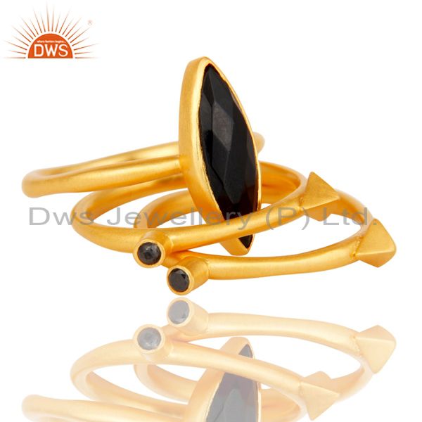 Exporter 18k Gold Plated Three Set Brass Ring with Black Onyx & White Zircon
