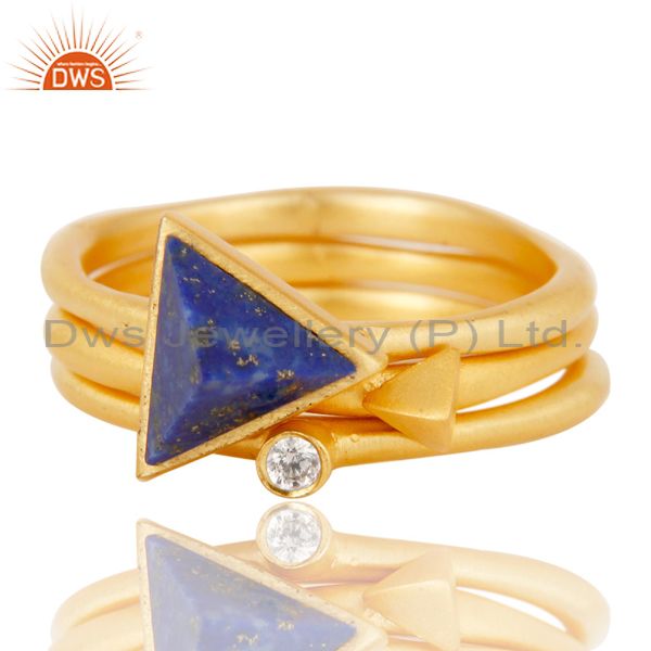 Exporter 18K Gold Plated Lapis Lazuli & White Zirconia 3 Set Of Brass Stackable Ring