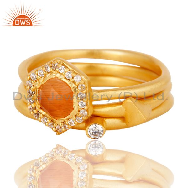 Exporter Peach Moonstone & White Zirconia 18K Gold Plated 3 Set Of Brass Stackable Ring