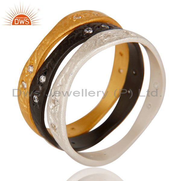 Exporter Handmade Multi Color Plated Brass Cz Gemstone Three Ring Set Jewelry