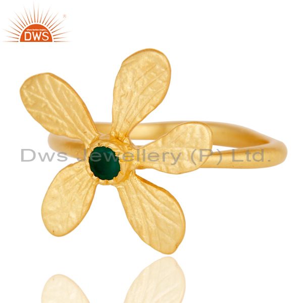 Exporter 18k Yellow Gold Plated Handmade Flower Design Green Onyx Brass Stackable Ring