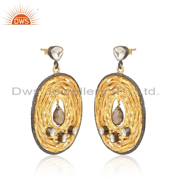 Rope Style Crystal Quartz And Smoky Gold On Silver Earrings