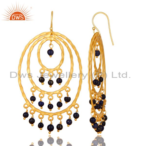 Exporter 22K Yellow Gold Plated Sterling Silver Lapis Lazuli Hammered Chandelier Earrings