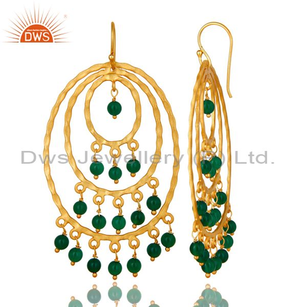 Exporter 22K Yellow Gold Plated Sterling Silver Green Onyx Hammered Chandelier Earrings