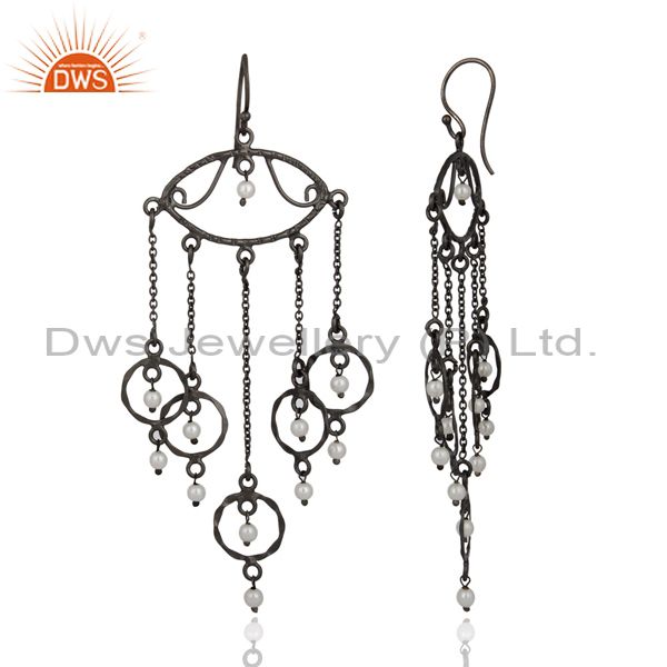 Exporter Hand-Made 925 Sterling Silver Rhodium Plated Natural Pearl Chandelier Earrings