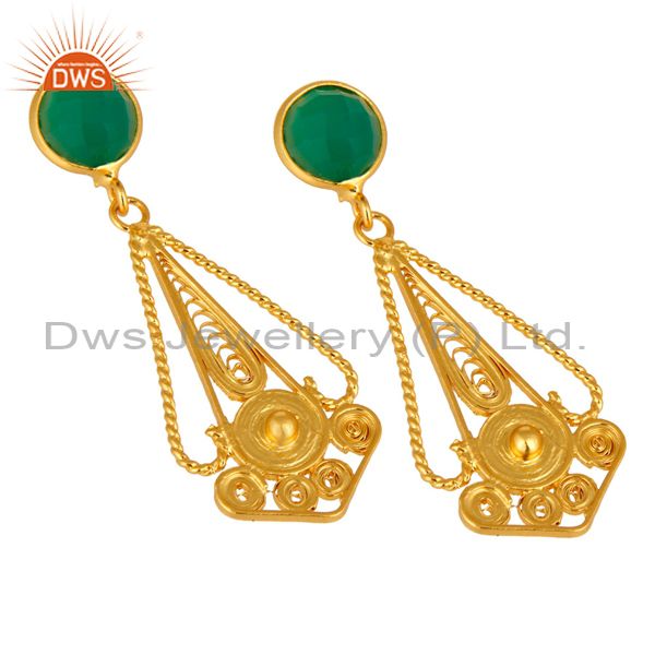 Exporter 18K Gold Plated Green Onyx Gemstone Sterling Silver Designer Post Drop Earring