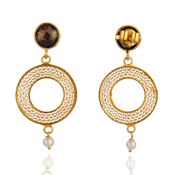 Exporter Hand-made Circular Design Sterling Silver Over Gold Plated Earring Smoky Quartz