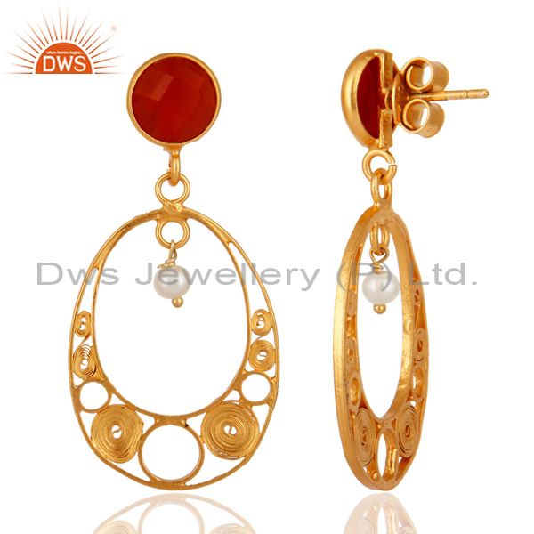 Exporter Designer 18k Gold Plated 925 Sterling Silver Red Onyx Gemstone & Pearl Earrings