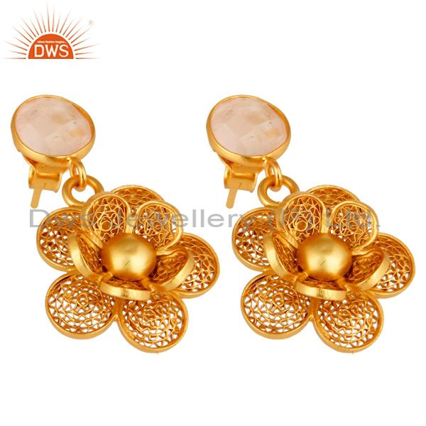 Exporter Yellow Gold Plated Sterling Silver Designer Fashion Earrings With Rose Quartz