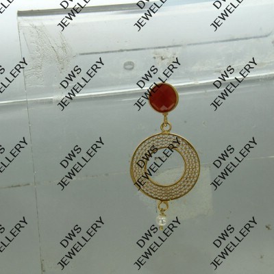 Exporter 18K Yellow Gold Plated Sterling Silver Red Onyx & Pearl Filigree Dangle Earrings