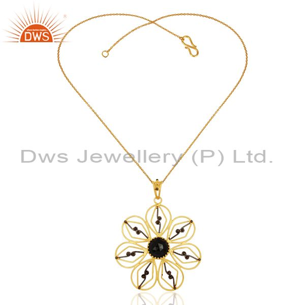 Exporter Natural Black Onyx Gemstone Flower Design Silver Pendant Supplier