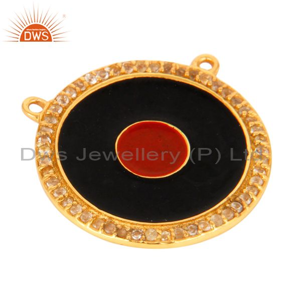 Exporter 18K Gold Plated Silver White Topaz Evil Eye Necklace Connector With Red Enamel