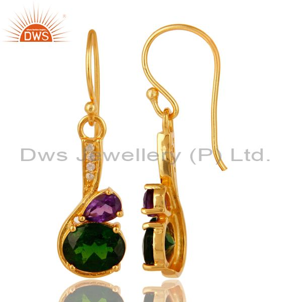 Exporter Amethyst And Chrome Diopside Sterling Silver Dangle Earrings - Gold Plated