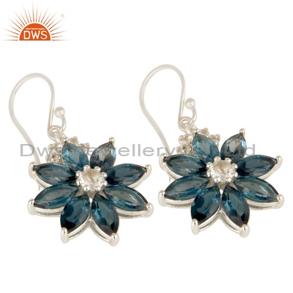 925 Sterling Silver London Blue Topaz And White Topaz Flower Dangle Earrings