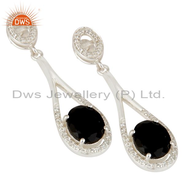 Exporter 925 Sterling Silver Black Onyx And White Topaz Dangle Earrings For Womens