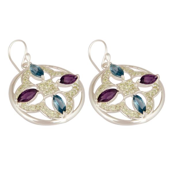 Peridot / Blue Topaz And Amethyst Gemstone Earrings Made In 925 Sterling Silver