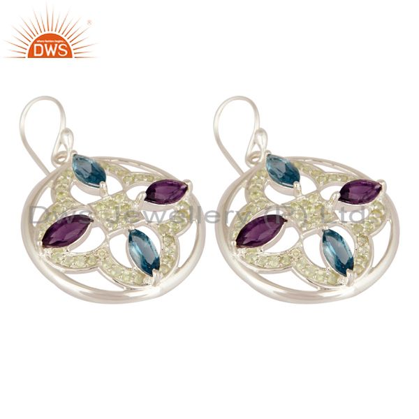 Peridot / Blue Topaz And Amethyst Gemstone Earrings Made In 925 Sterling Silver