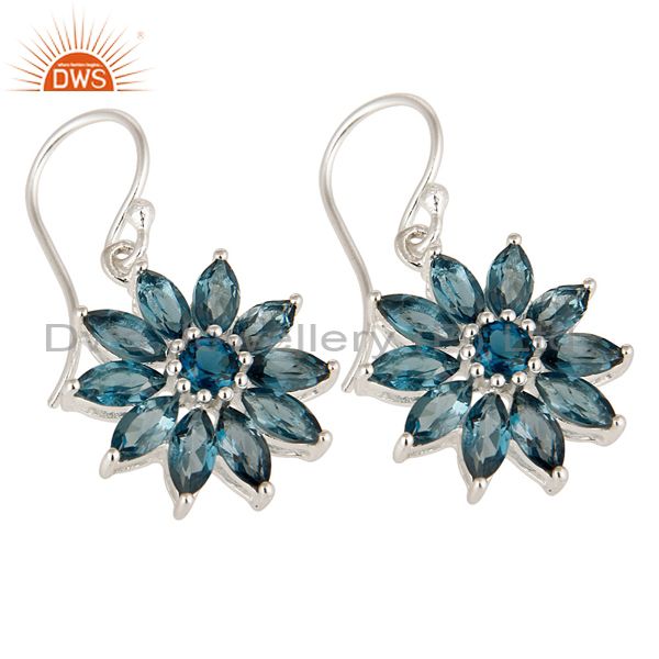 Exporter 925 Sterling Silver Blue Topaz Marquise Cut Gemstone Cluster Flower Earrings