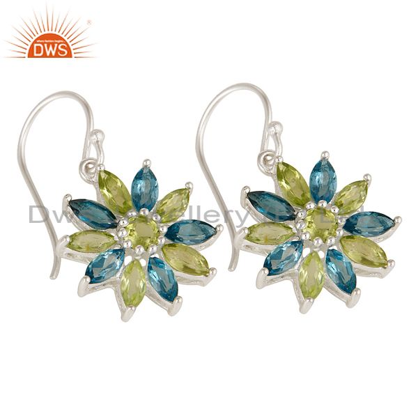 Exporter 925 Sterling Silver Blue Topaz & Peridot Gemstone Cluster Flower Dangle Earrings
