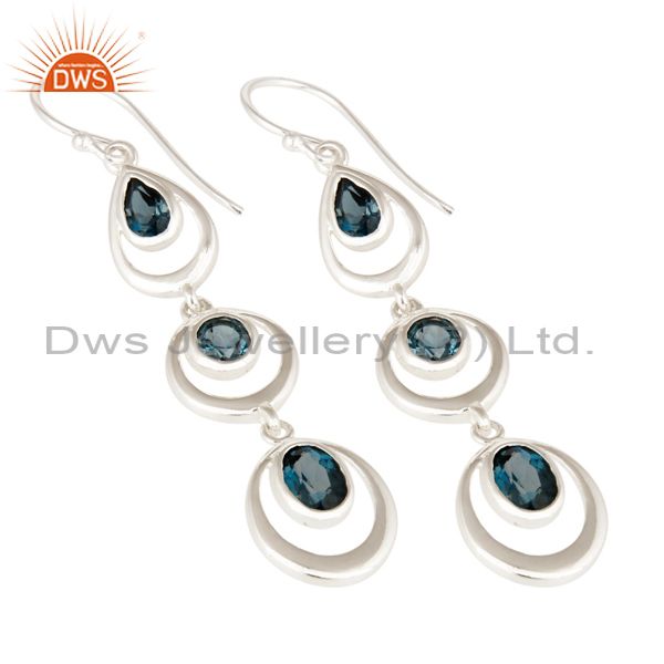 Exporter Genuine 925 Sterling Silver London Blue Topaz Gemstone Dangle Hook Earrings